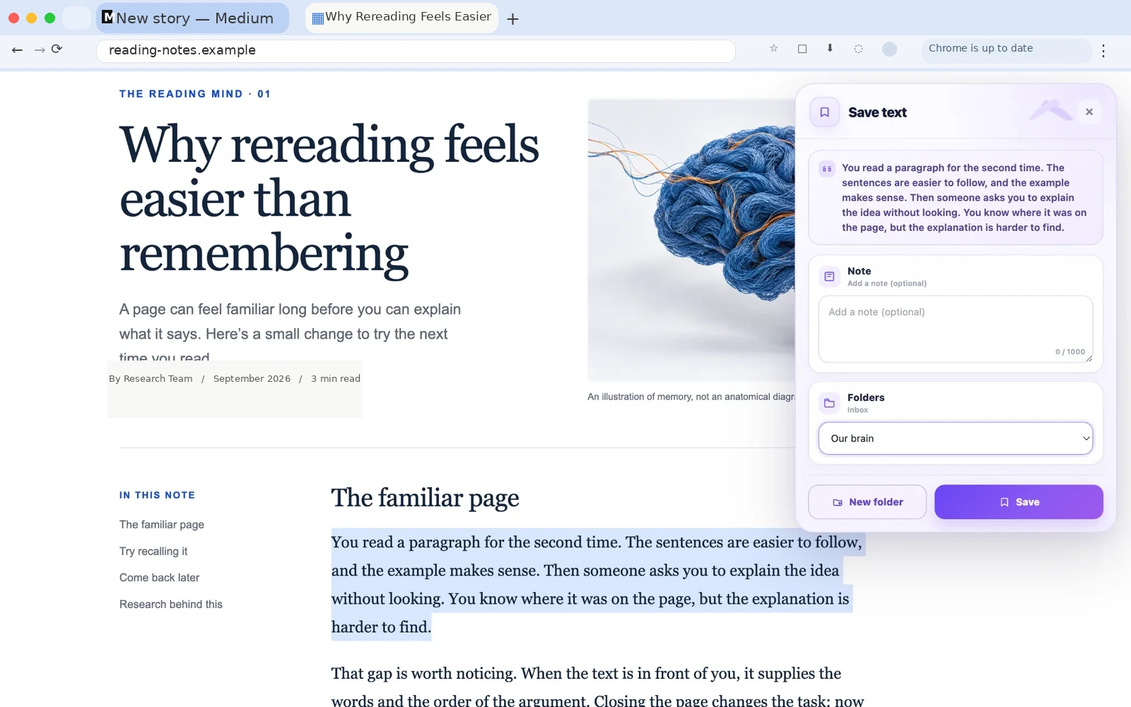 Selected text on a webpage with the Research Web Highlighter Save text panel open