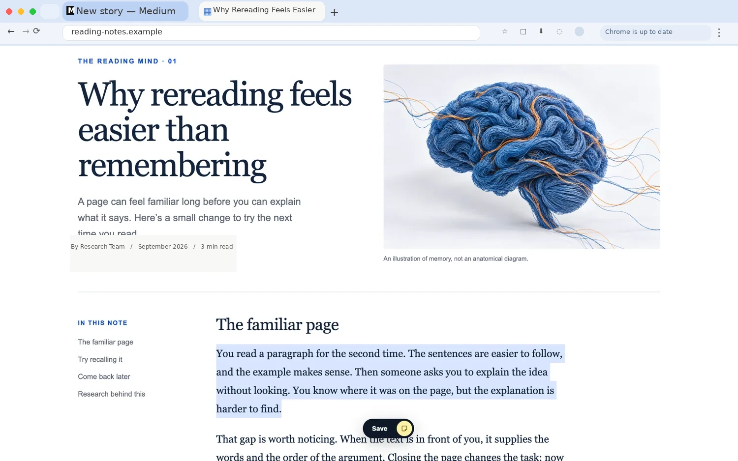 Research Web Highlighter floating Save button next to selected text on an article