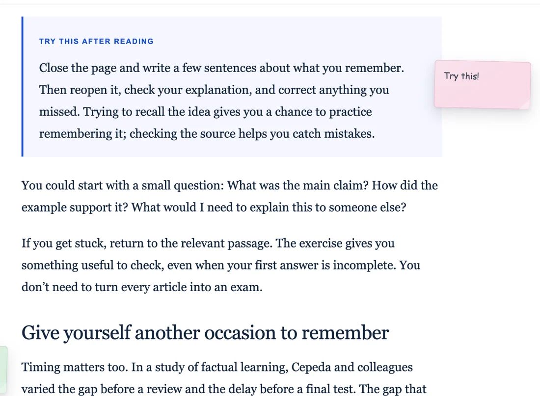 A pink sticky note attached to an article page